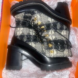Tory Burch Black and Cream Lace-Up Boots
